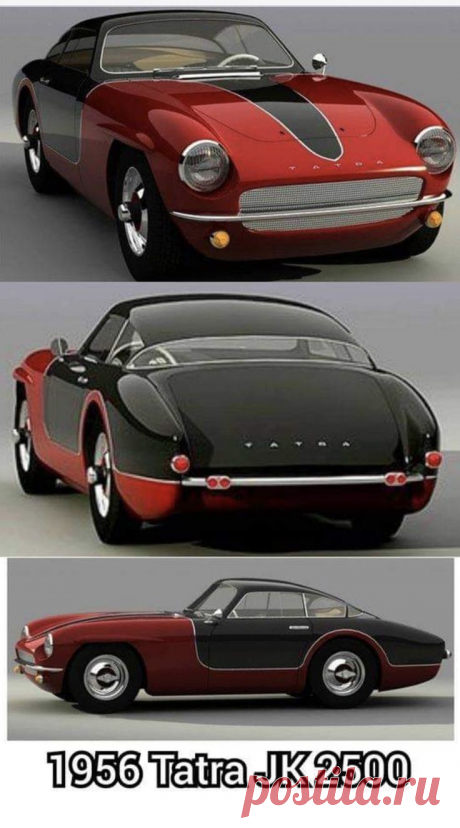 Автомобиль Tatra JK2500. 1956 год. Купе. Вид с разных сторон. Красно - чёрный.