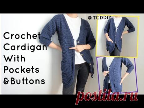 Crochet Cardigan with Pockets and Buttons | Tutorial DIY
