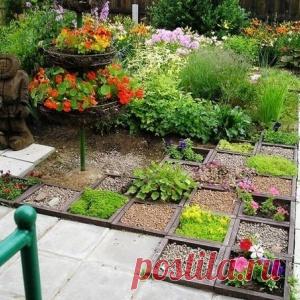 Интересная клумба из квадратиков с растениями и декоративным гравием!