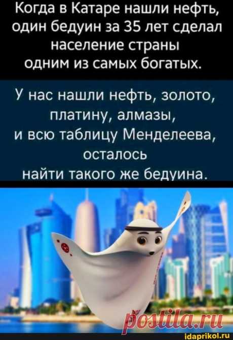 Когда в Катаре нашли нефть, один бедуин за 35 лет сделал население страны одним из самых богатых. У нас нашли нефть, золото, платину, алмазы, и всю таблицу Менделеева, осталось найти такого же бедуина. - ) / АйДаПрикол .)