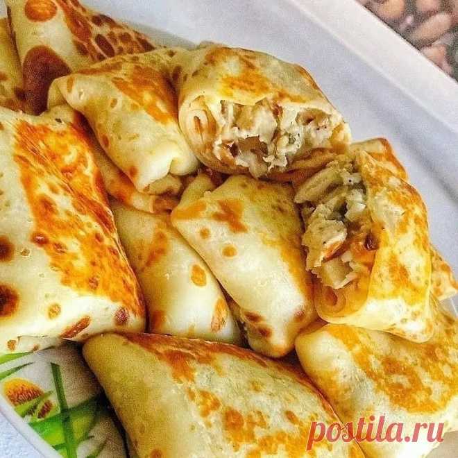 Рецепты в Instagram: «Блинчики с вкусной начинкой!😍😍😍 ⠀ Блины: 500 молоко 280 мука 3 яйца 2 ст л сахара Щепотка соли 3 ст л раст масла ⠀ Начинка: 300 г свежих…»