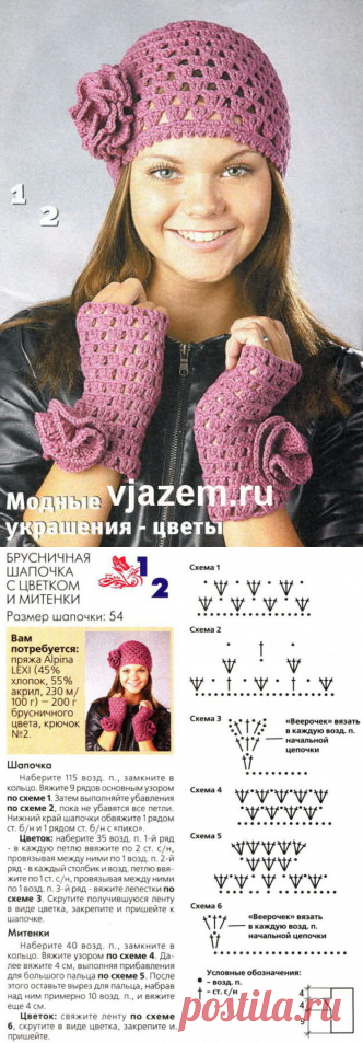 Женская ажурная шапочка крючком и митенки | vjazem.ru
