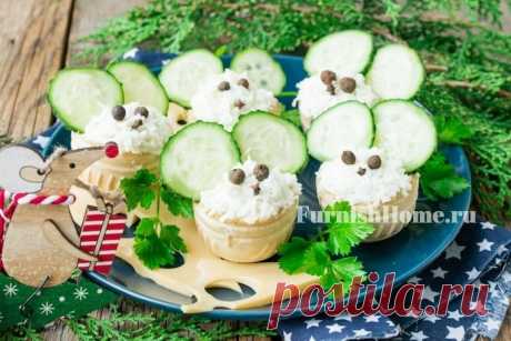 Праздничные тарталетки с курицей и плавленым сыром «Мышки»