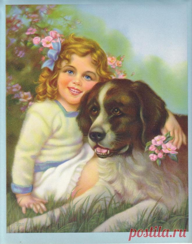 Урожай печати 30s Девочка с собакой Ньюфаундленда Adorable (картины, гравюры: старинные гравюры, сцены, людей, животных, исторические, Потертый Chic) в Whimzy сокровищ