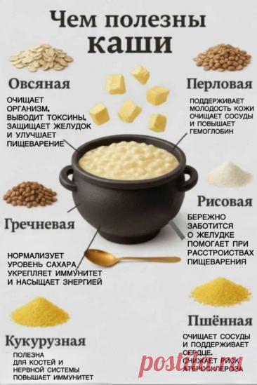 Каша — это не просто завтрак, а супер-старт для вашего организма! 
Она мягко очищает, насыщает витаминами и дарит заряд бодрости на весь день.

Каждая каша — это своя суперсила:

 Овсянка защитит желудок.
 Гречка укрепит иммунитет.
 Перловка продлит молодость кожи.
 Рис поможет при проблемах с пищеварением.
 Кукурузная придаст сил и поддержит нервы.
 Пшёнка позаботится о сердце.

Выбирайте свою кашу здоровья каждое утро! 

 Сохраните, чтобы не забыть! 

Отправьте другу, ко...