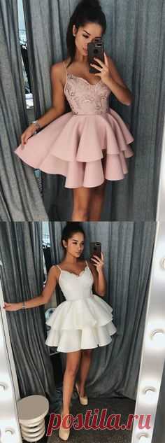 chic spaghetti straps short homecoming dresses, cheap pink lace tiered homecoming dress, knee length prom party gowns