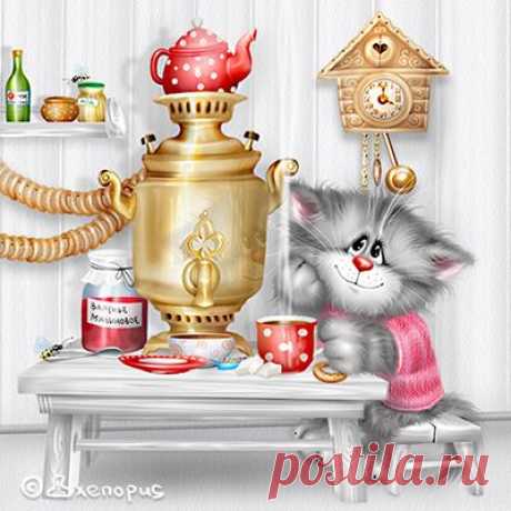 Кот у самовара | Коты Алексея Долотова