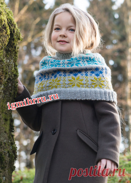 Для девочки 5-15 лет. Теплая жаккардовая пелерина. Вязание спицами для детей