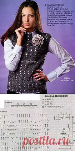 Темно-серый ажурный жилет крючком / Стильное вязание
