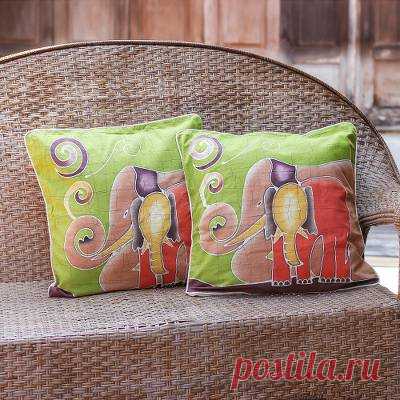 Batik Cotton Cushion Covers (Pair) - Elephant's Reminiscences | NOVICA