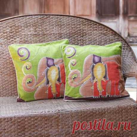 Batik Cotton Cushion Covers (Pair) - Elephant's Reminiscences | NOVICA