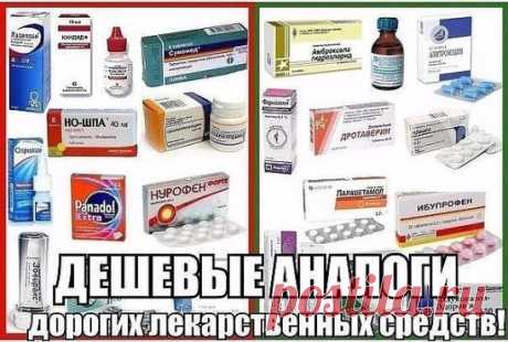 ЗАМЕНА ДОРОГИХ ЛЕКАРСТВ АНАЛОГАМИ! 
 СОХРАНЯЕМ СЕБЕ!
1. Нурофен (120руб) = Ибупрофен (10руб) 
2. Мезим (300руб) = Панкреатин (30руб) 
3. Но-шпа (150руб) = Дротаверина гидрохлорид (30руб) 
4. Панадол(50руб) = Парацетамол (5руб) 
5. Белосалик (380руб) = Акридерм СК (40руб) 
6. Бепантен (250руб) = Декспантенол (100руб) 
7. Бетасерк(600руб) = Бетагистин (250руб) 
8. Быструмгель (180руб) = Кетопрофен (60руб) 
9. Вольтарен (300руб) = Диклофенак (40руб) 
10. Гастрозол (120руб) = ...
