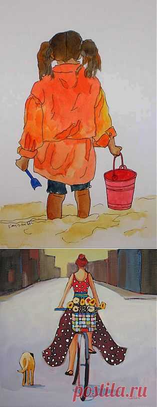 Little Girl with Red Pail, original painting by artist Kay Smith | DailyPainters.com