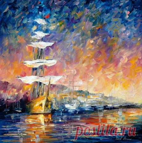 Leonid Afremov, oil on canvas, palette knife, buy original paintings, art, famous artist, biography, official page, online gallery, large artwork, sunset, water, boat, sea, scape, pier, dock, night, calm, yachts, harbor, shore, rest, ship, regatta, sailer