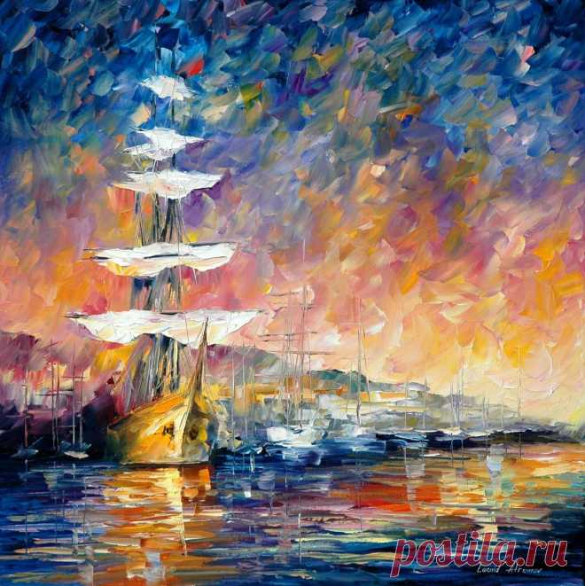 Leonid Afremov, oil on canvas, palette knife, buy original paintings, art, famous artist, biography, official page, online gallery, large artwork, sunset, water, boat, sea, scape, pier, dock, night, calm, yachts, harbor, shore, rest, ship, regatta, sailer