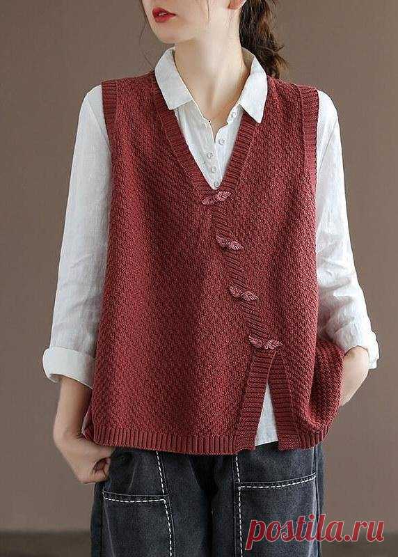 2021 Plus Size Women Button Knit Split Sleeveless Vest Sweater