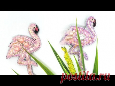 Брошь вышитая бисером &quot;Розовый фламинго&quot;