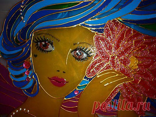 Художественная роспись стекла двери - "Русалка".