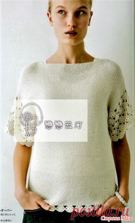 Летний джемпер спицами, рукава и подол которого связаны крючком. Схемы. / Страна Мам