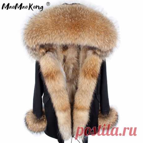 Mao Kong пальто с мехом парки Зимняя куртка, пальто Женская куртка большой натуральным мехом енота натуральный Лисий Мех Лайнер Длинная верхняя одежда купить на AliExpress