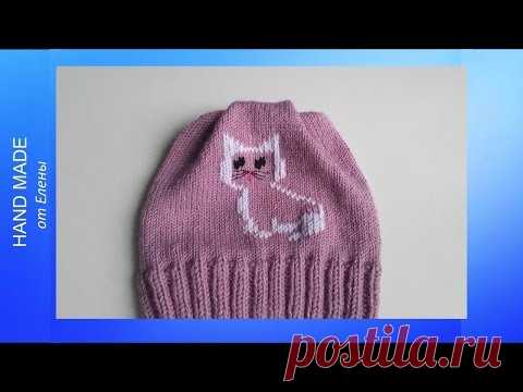 Детская шапочка- кошка с вышивкой. Вязание спицами.