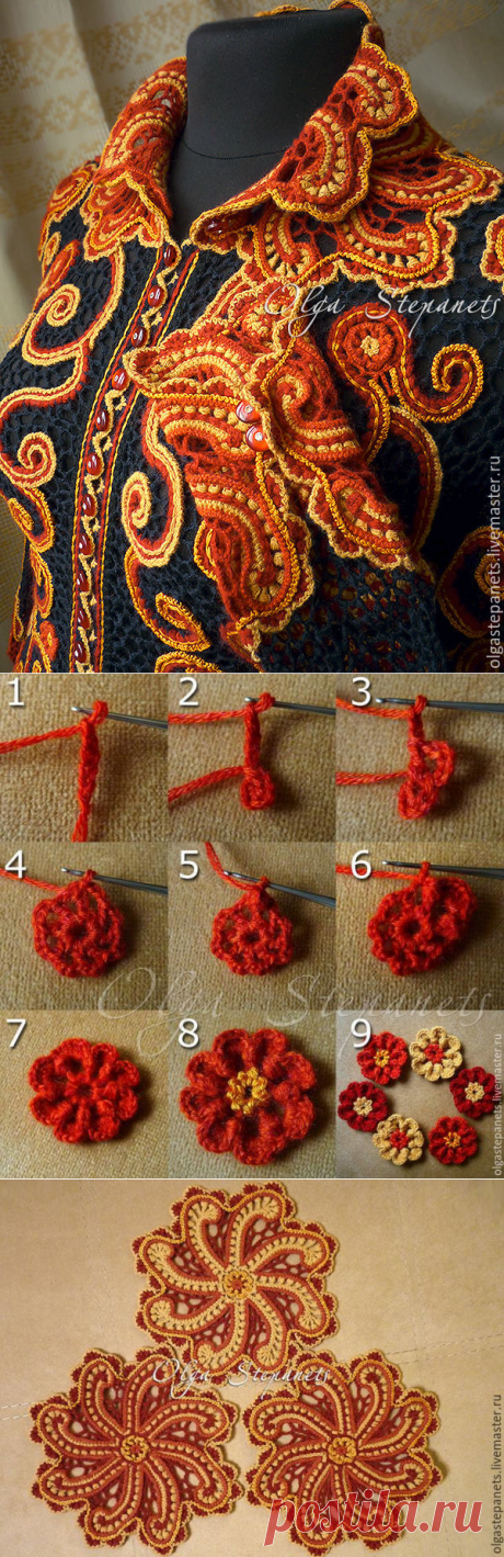 Вяжем крючком оригинальный жакет с коловратами в цветах хохломской росписи