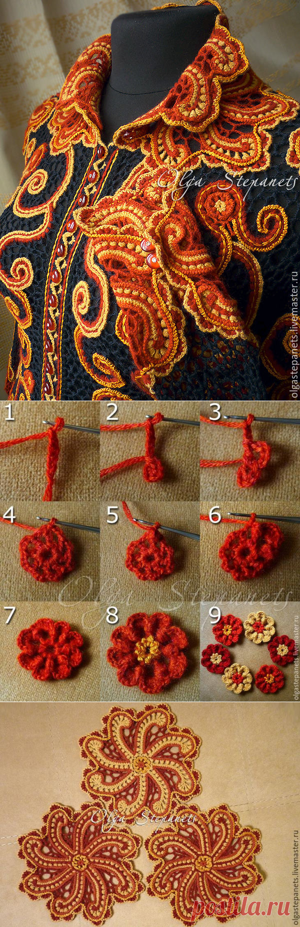 Вяжем крючком оригинальный жакет с коловратами в цветах хохломской росписи