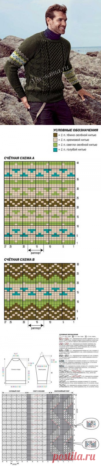 Мужской жаккардовый пуловер с косами - Мужские пуловеры, свитера, джемпера спицами