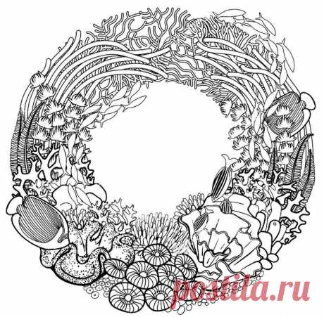 Гравировка. Эскиз. Растительный орнамент. Водоросли.