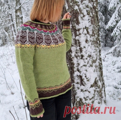 Свитер с кокеткой "Совы" Вяжется по кругу снизу вверхРазмеры : XS (S) M (L) XL (XXL)Обхват груди готового свитера ок.88 (96) 105 (113) 122 (130) смПряжа Gjestal Janne(85% шерсть, 15% полиамид, 50 г = 100 м), свитер рассчитан на два разных варианта расцветки.Круговые спицы 80 см (XXL 100 см) и чулочные № 3,5 и...
