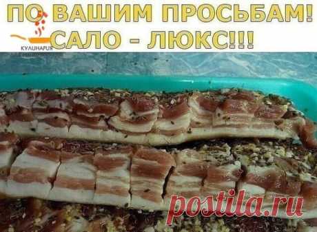 САЛО - ЛЮКС!!!
На литр воды один стакан (200г) - соли и половина такого стакана сахара ,
 лавр. лист (не жалеть!), перец горошек , довести до кипения и остудить .
 Вот этим рассолом залить сало(1-2 кг). Сало можно сразу пересыпать 
чесноком. День стоит дома потом в холодильник примерно на сутки. Потом 
выложить на полотенце чтоб рассол сбежал. Можете добавлять по
вкусу свои приправы. Такой посол очень вкусный. Поверьте сахар не 
ощущается. Приятного аппетита!!!