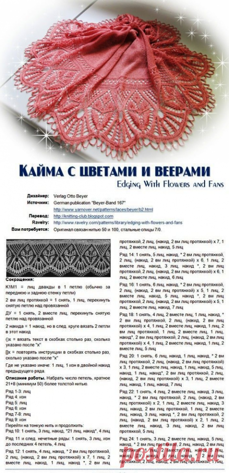 Кайма с цветами и веерами вяжем спицами
