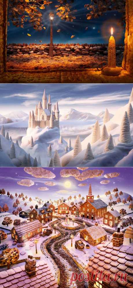 Пейзажи от Карла Уорнера.  Он создает очень необычные пейзажи из продуктов. Для создания необычных пейзажей художник использует свежие фрукты, овощи и мясо, чтобы воплотить свои фантазии в жизнь.