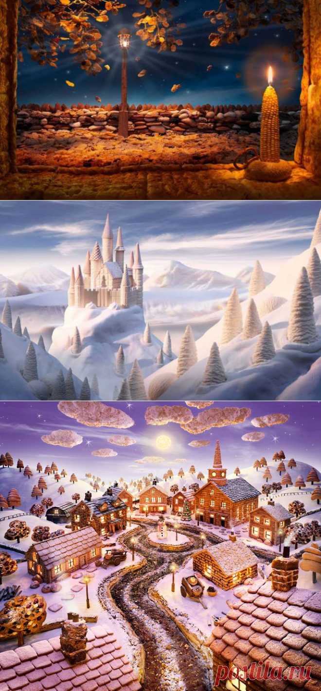 Пейзажи от Карла Уорнера.  Он создает очень необычные пейзажи из продуктов. Для создания необычных пейзажей художник использует свежие фрукты, овощи и мясо, чтобы воплотить свои фантазии в жизнь.