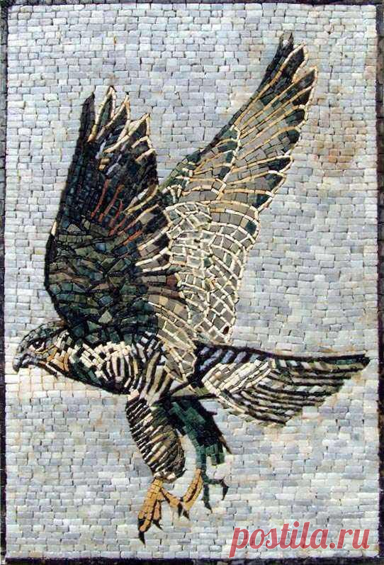 Mosaic Wall Art - Hunting Falcon A portrait of a soaring Falcon using hand-cut mosaic tiles with warm hues for an authentic look to your indoor or outdoor walls. Customization available for size and border to create the perfect look you need. Mosaic Uses: Floors Walls or Tabletops both Indoor or Outdoor as well as wet places such as showers and Pools.