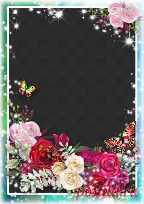 Hermosas flores y mariposas, marco de fotos PNG, PSD. Marco PNG transparente, plantilla de marco de fotos en capas PSD, descarga.