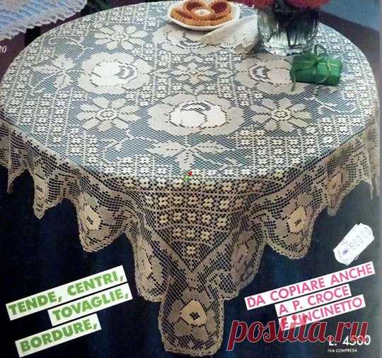 Филейная скатерть с узором из роз