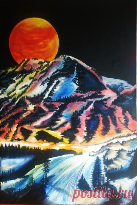 KUFER z artystycznym rękodziełem : Zachód słońca w górach