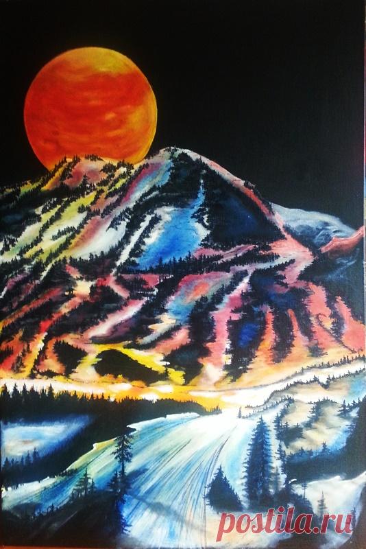 KUFER z artystycznym rękodziełem : Zachód słońca w górach