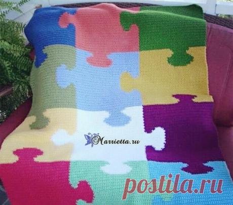 Вяжем крючком пазлы. Яркий разноцветный плед