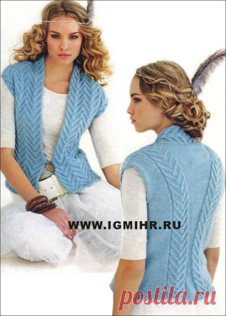 Зимняя романтика! Голубой жилет с косами, от Sublime. Спицы