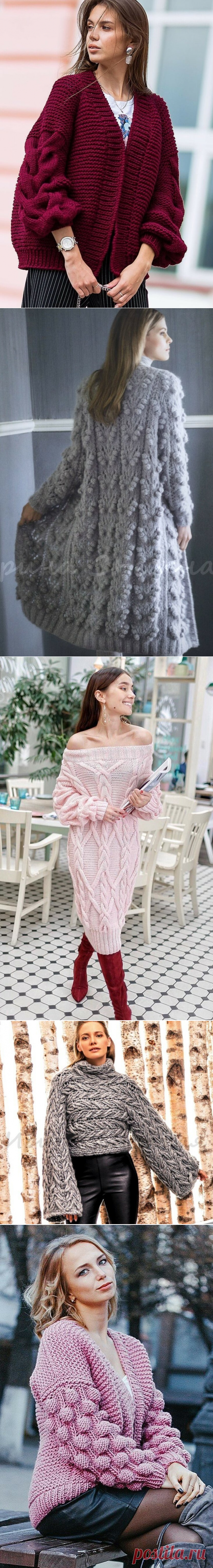 Вязаные пуловеры, жакеты, кардиганы, платье спицами на весну. Кардиган крупной вязки с узором 