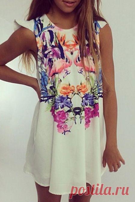 Sleeveless Crane Print Loose Flare Dress: Print Dresses | ZAFUL