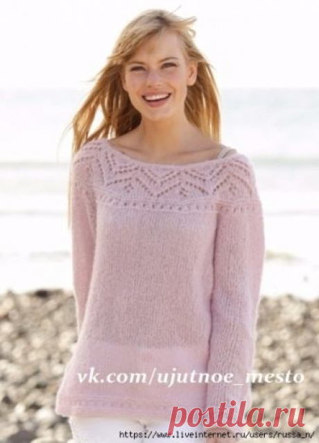 Pink Connection by DROPS Design

Размеры S - M - L - XL - XXL - XXXL

Материалы
Пряжа DROPS BRUSHED ALPACA SILK (77% альпака, 23% шелк, 25 г/140 м) 5-6-6-7-7-8 мотков, спицы чулочные и круговые 5 мм, спицы круговые 4 мм

Плотность вязания
17 петель и 22 ряда = 10х10 см лицевой гладью на спицах 5 мм

Прибавления: выполнять с помощью накидов, в след. кругу накиды вязать лиц. скрещ. петлей.

Убавления: перед маркером вязать 2 п. вместе лиц., 2 лиц.п.; после маркера вязать 2 л...