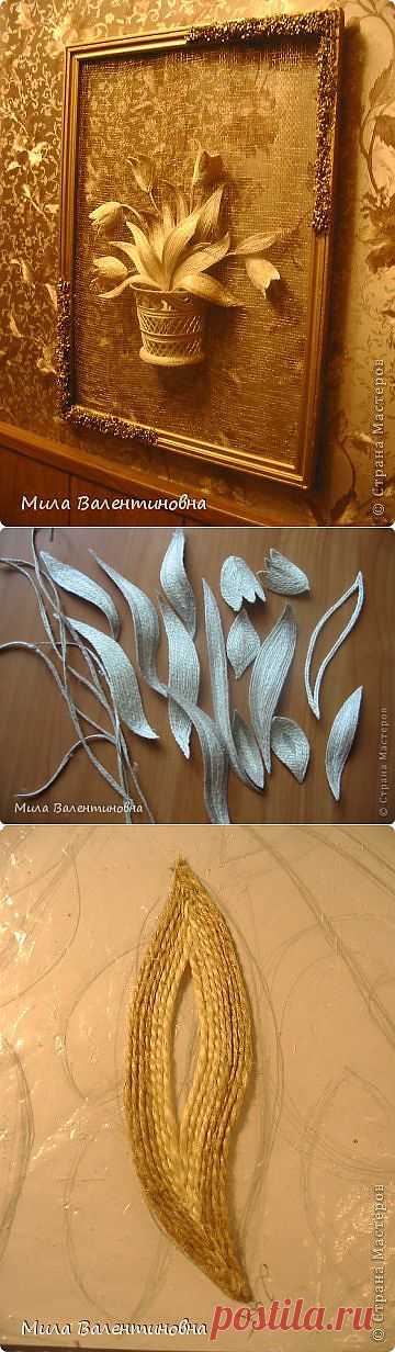 МК-Цветы из джутовых ниток на сетке