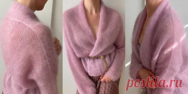 Мохеровый кардиган с узким шалевым воротником спицами сверху Marta