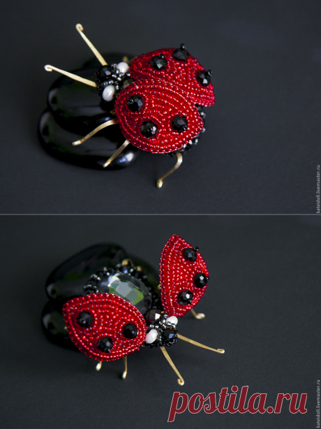 Купить Брошь "Божья коровка" - ярко-красный, брошь-жук, насекомое, божья коровка