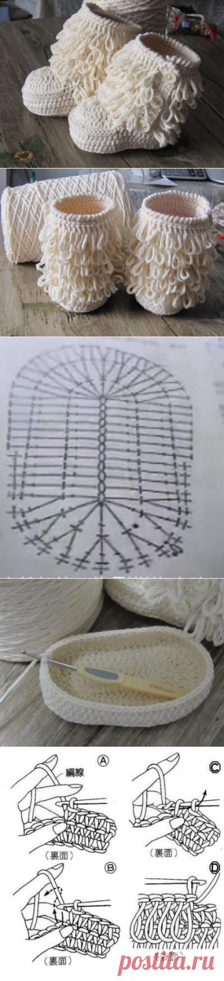 Вяжем детские мохнатые сапожки.