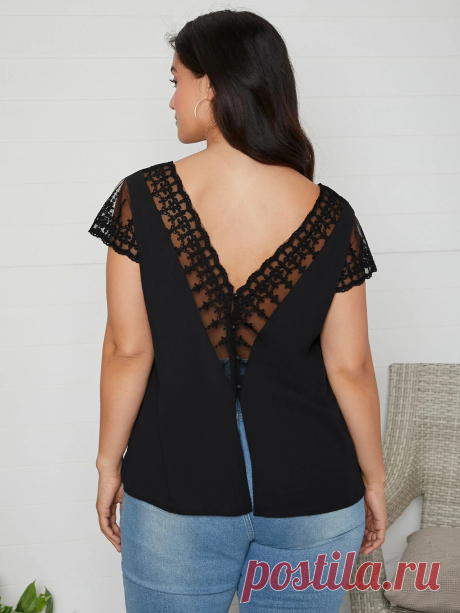 Plus Double V-neck Embroidery Mesh Top | SHEIN EUR