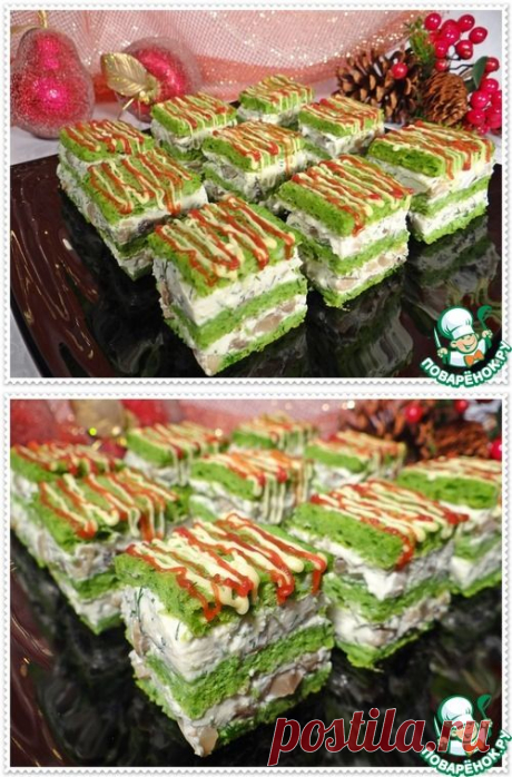Закуска &quot;Шпинатные кубики&quot; с сырно-грибной прослойкой - кулинарный рецепт